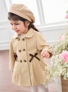 SHEIN Baby Girl Khaki Color Lapel Butterfly Winter Coat With Hat, Versatile - Camel - View 1