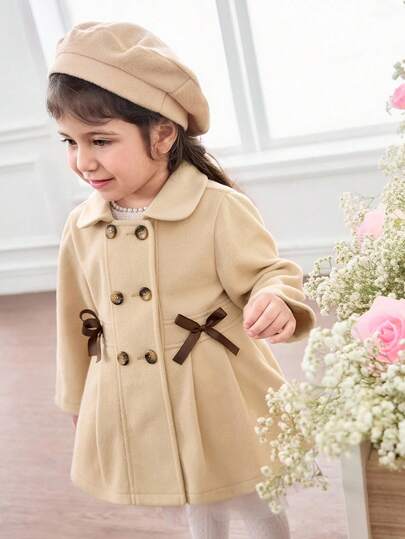 SHEIN Baby Girl Khaki Color Lapel Butterfly Winter Coat With Hat, Versatile