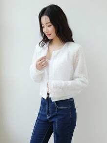 SHEIN Unity Women's White Cropped Textured Fuzzy Jacket,Long Sleeve Round Neck Lightweight Knitted Outerwear,Elegant Autumn Clothes Perfect For Tea Party Chic - White - View 3