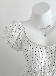 Elamini Women's Comfortable Square Neck Polka Dot Print Short Sleeve Blouse