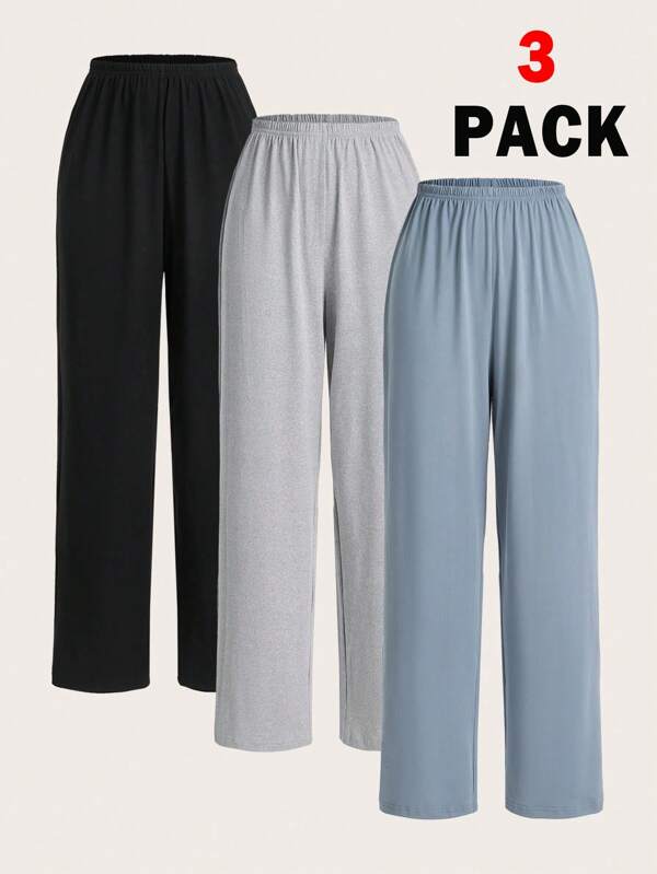 SHEIN Essnce Plus Size Women's Spring And Summer Fashion Casual Loose Comfortable Versatile Daily Multi-Color Basic Elastic Waist Wide-Leg Pants 3 Pack,Women Bottom,Simple Style,European Summer,Going Out Outfits,Curve Pants