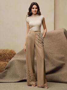 Anewsta Elegant Women Press Crease Faux Pearl Decor Pocket Long Pants, Modern & Fashion - Khaki - View 7