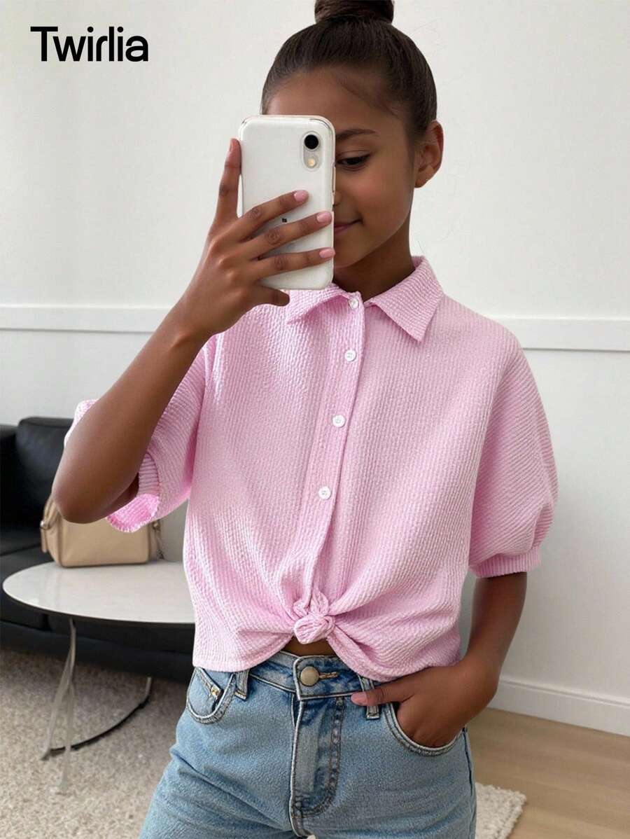 SHEIN 1 件女童条纹纹理面料蝙蝠翼短袖衬衫,休闲春夏假日风格 - 粉色 - 查看 1