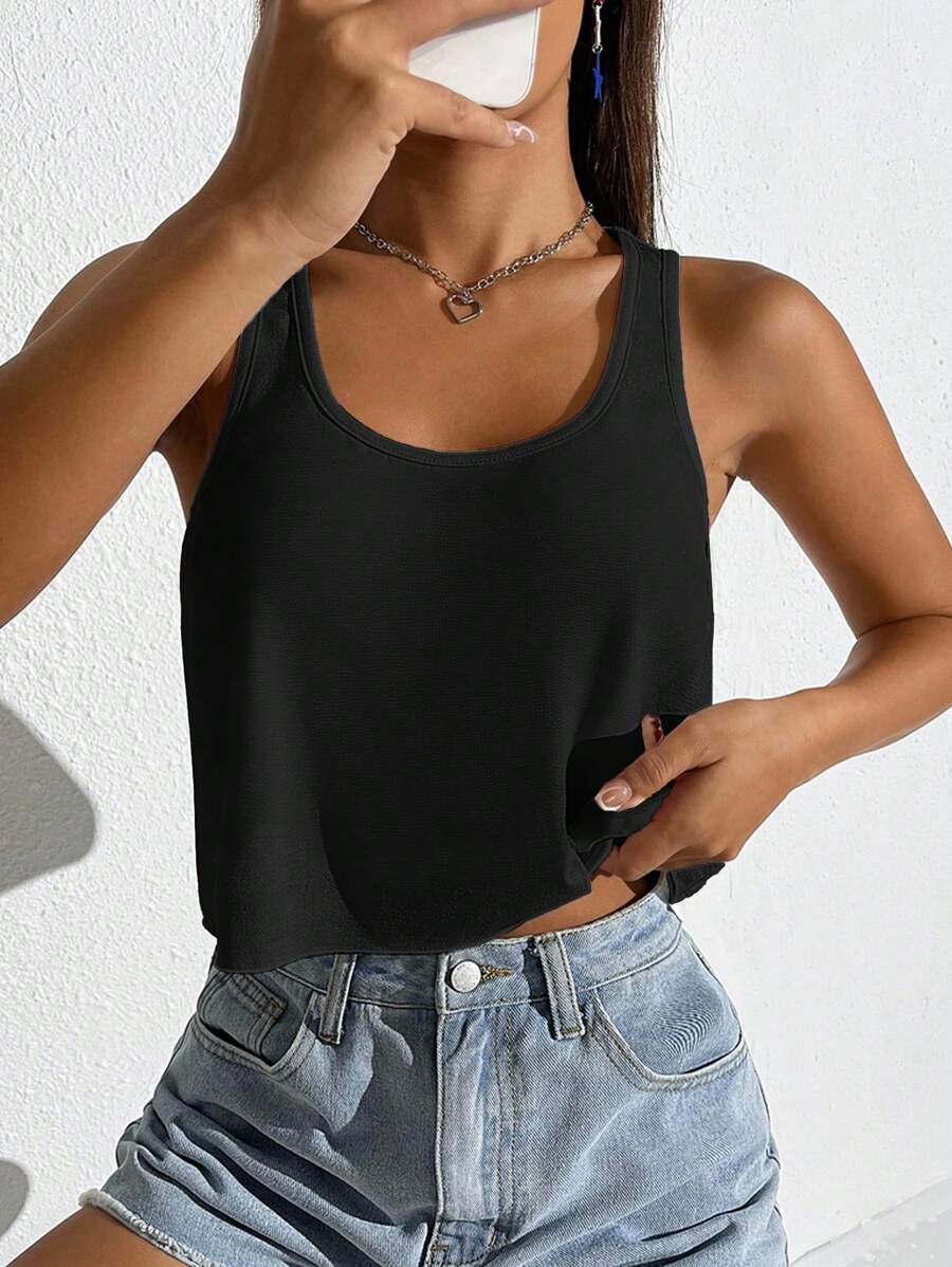 SHEIN EZwear 女式加大码休闲宽松U领无袖短款工字背心，夏季 - 黑色 - 查看 1