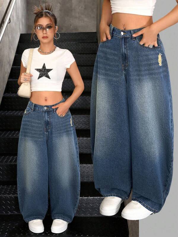 Teen Girl Y2K Loose Fit Casual Jeans With Pockets And Wide Legs,Casual And Comfortable Wear