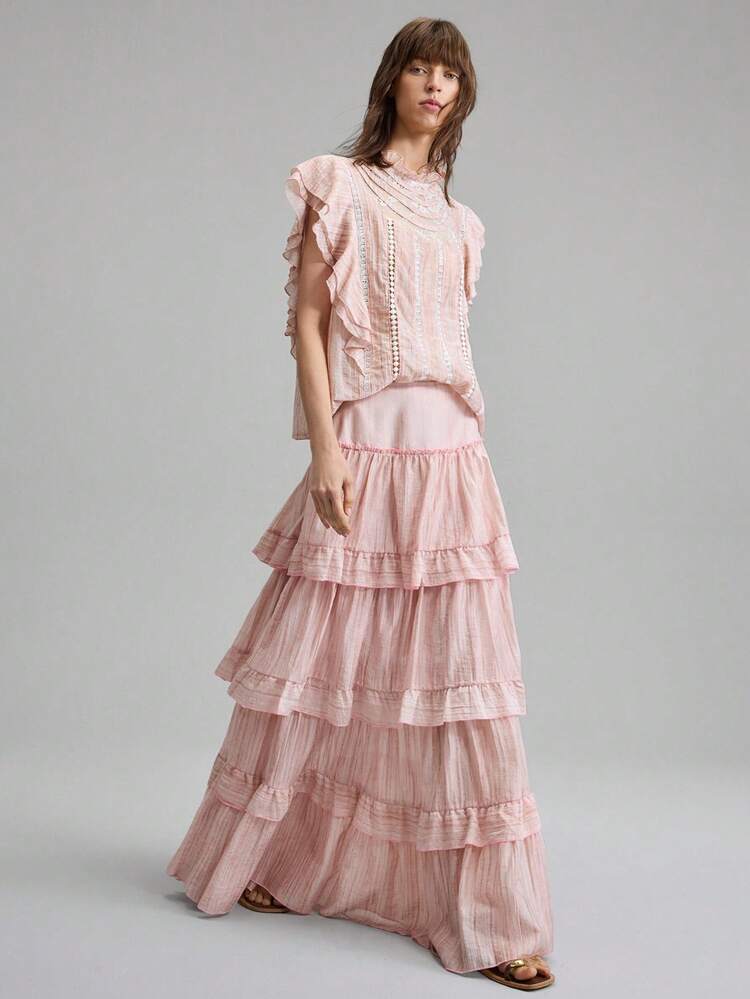 2026 Spring/Summer Women's Valentine's Day, Wedding Season, Wedding Ceremony, Holiday Attire Romantic Lace Patchwork Ruffle Sleeve Blouse, Fashionable For Tea Party, Office, Holiday Wear