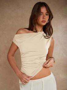 COSMINA Women's Solid Color Ruched Asymmetrical Hem Fashionable Blouse Four Seasons - Beige - View 5