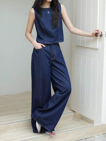 K-Vae Women's Autumn Casual Commuter Vest Trousers Denim Suit,Korean Style Fall Women Clothes,Fall Women Clothes,Back To School Clothes