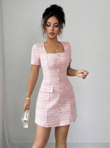 Elenzga 女式仿珍珠纽扣设计格子短袖优雅迷你连衣裙