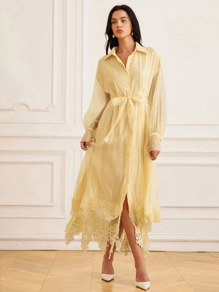 GENKIRA Solid Color Lace Patchwork See-Through Effect Shirt-Style Dress With Tied Waist And Long Sleeves For Women - Yellow - View 1