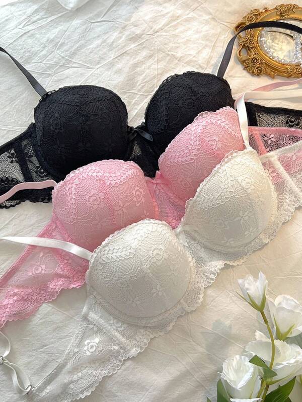 DelicateAllure 3pcs/Pack Women Lace Trim Wire-Free Push Up Bra With Non-Removable Pads, 1/2 Cup  Cozy And Elegant Details