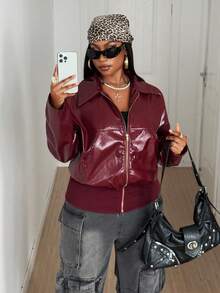 Maweii Women's Casual PU Leather Splicing Ribbed Drop Shoulder Long Sleeve Metal Zipper Jacket/Bomber Winter Fall Autumn - Red - View 8