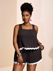 Veslaya Bộ quần short lưng thun co giãn không tay màu nâu tương phản độc quyền mùa hè mới 2025 dành cho bãi biển, áo ba lỗ hở lưng chữ A độc quyền, cỡ lớn - Màu nâu Sô-cô-la - Xem 3