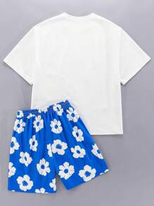 SHEIN Ensemble haut à manches courtes et short imprimé floral bleu et blanc pour adolescents garçons, style décontracté de vacances, confortable et polyvalent, convient pour l'école, les voyages, les sports, la plage