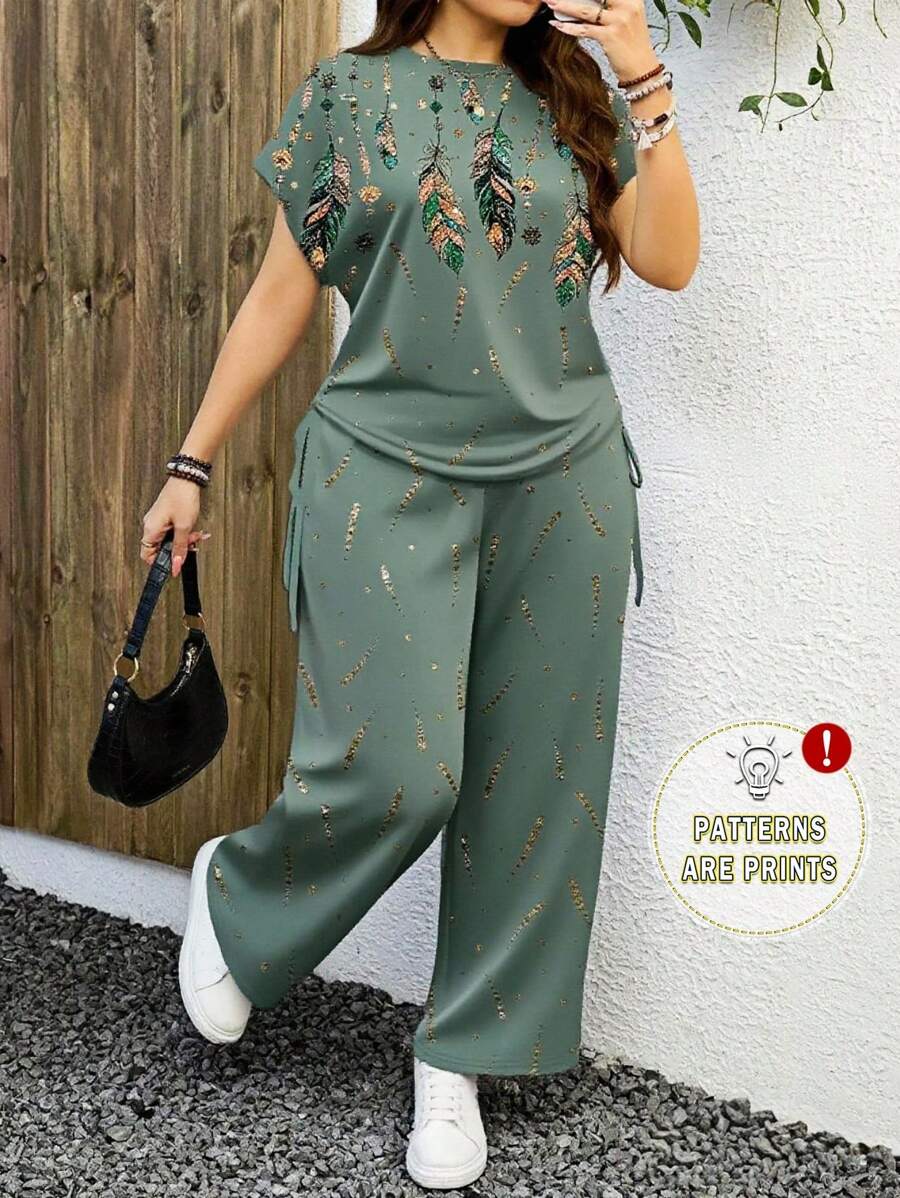 EMERY ROSE 2pcs/Set Glitter Feather Print & Leopard Pattern Casual Plus Size Outfit, Suitable For Summer Women 2 Pieces Sets Suitable For Going Out,Holiday Outfits For Women - Multicolor - View 1