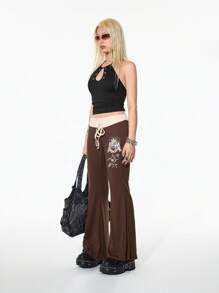 SHEIN Unity Women's Contrast Color Patchwork Print Punk Wide Leg Pants Fall Cloth For Women - Coffee Brown - View 5