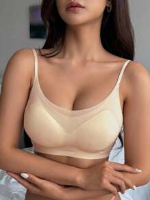 DAZY Sujetador de lencería para mujer de unicolor, sin costuras, con tirantes ajustables y ligeramente acolchado - Beis - Ver 1