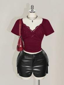 SHEIN ICON 加大码 V 领蕾丝拼布褶皱腰合身针织 T 恤，性感夏季上衣，婚礼宾客服装