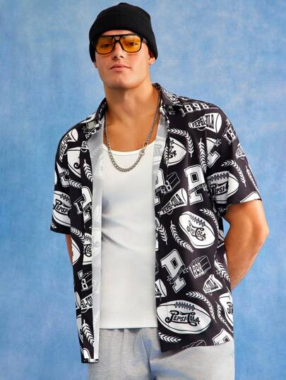 PEPSI X SHEIN 男式字母和美式足球图案前扣短袖衬衫