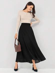 Miaspire 纯色高腰优雅A字裙 - 黑色 - 查看 5