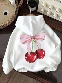 SHEIN 少女复古粉色蝴蝶结樱桃印花休闲加厚卫衣，适合秋冬季节穿着 - 白色 - 查看 3