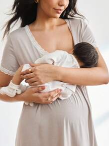 Moonlight&Mama Maternity Contrast Lace Trim Button Front Nightdress For Mother, Pajama Dress - Grey - View 2