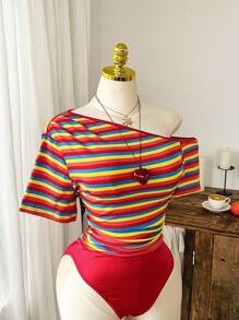 SHEIN CovetEZ Plus Size Colorful Striped Asymmetrical Collar Casual Bodysuit, Summer - Multicolor - View 4
