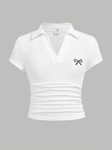 Girlism 2pcs/Set Tween Girl White&Black Versatile,Square V-Neck Short Sleeve T-Shirt, Designer Style, Summer Casual Polo Shirt, Waist-Length, Fitted Cut,Clean Girl Girls Shirt Pack Pack Of Tops Black And White Tops For Teen Girls Bow Shirts Shirts For Tween Girls Black And White