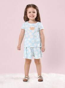 SUMWON طقم بيجامة قصيرة مزخرفة بالزهور ناعمة للبنات، ملابس نوم صيفية، ملابس كاجوال، ملابس نوم مريحة، ملابس للنوم - أخضر نعناع - مشاهدة 1