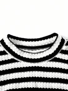 SHEIN Girlism 青少年女孩休闲度假优雅条纹提花针织修身褶皱短袖上衣和配套裤子套装 - 黑與白 - 查看 6