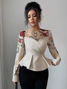 Elenzga Áo cánh tay dài cổ tròn thêu lưới xếp ly phong cách Pháp lãng mạn Sicily thanh lịch giản dị đi làm kỳ nghỉ tiệc trà chiều cho nữ, mùa xuân/hè - Màu be - Xem 5