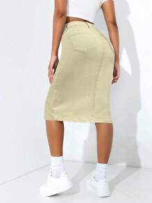 SHEIN PETITE Spódnica damska z rozcięciem i kieszeniami w jednolitym kolorze z jeansu - Kolor khaki - Zobacz 2