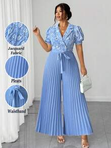 Elenzga 女士加大码优雅提花面料泡泡袖，缺口领，纽扣装饰，后拉链，腰带蝴蝶结，褶皱设计连体裤，适合派对和聚会，2025 年新款 - 藍色 - 查看 6