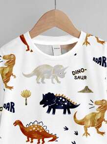 SHEIN Young Boy Casual & Minimalist Dinosaur Pattern Short Sleeve T-Shirt And Shorts Two Pieces Set, Suitable For Summer