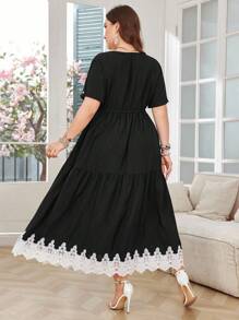Lacomfia Legeres, einfarbiges Kleid mit Spitzenkante, Tunnelzug in der Taille, weite Form, Frühjahr/Sommer, Große Größen - Schwarz - Übersicht 2