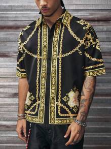 AXEPEAK 男士夏季度假休闲链条印花落肩宽松衬衫