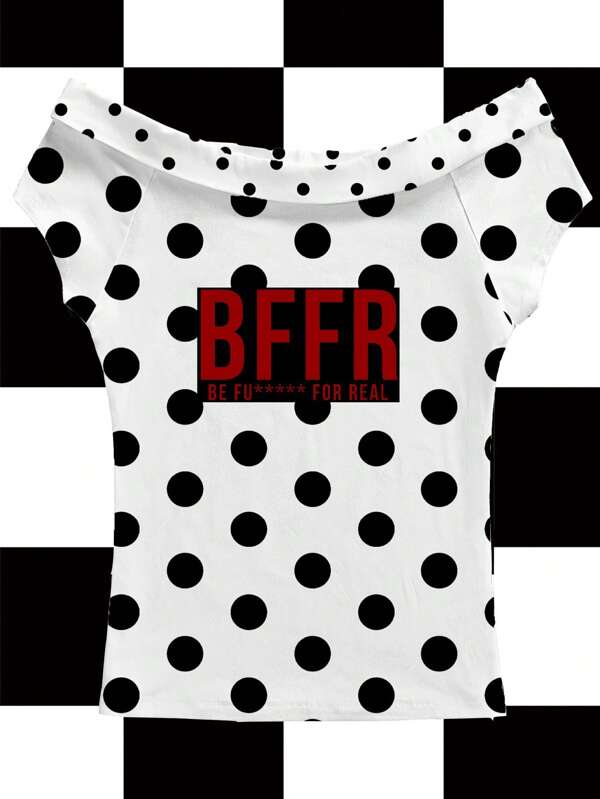 Y2Kool Umamao Estudio Women's Letter & Polka Dot Print Raglan Sleeve Short Sleeve Casual T-Shirt, Summer Off Shoulder Top Ruffle Top Polka Dot Top Bff Shirt Off The Shoulder Tee Fitted Top Off Shoulder Tee