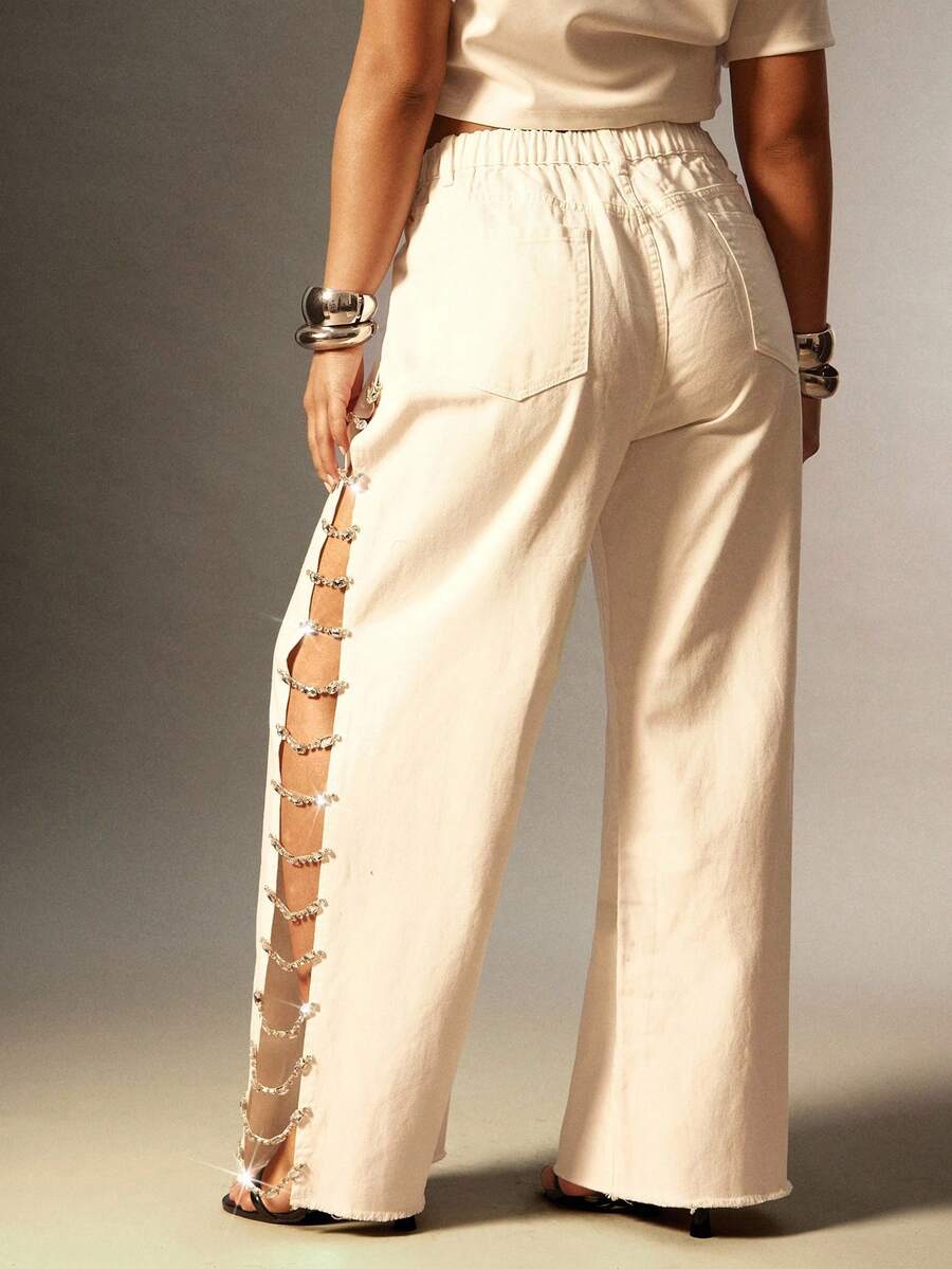 Denimoi Rhinestone Chain Split Sit Mid Rise Wide Leg Denim Jeans - White - View 1
