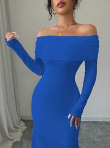 Rafferiza Royal Blue Elegant Off The Shoulder Maxi Dress Women Autumn Long Sleeve Bodycon Backless Ribbed Knit Fishtail Hem Dining Outfit Fitted Dress - Royal Blue - View 6
