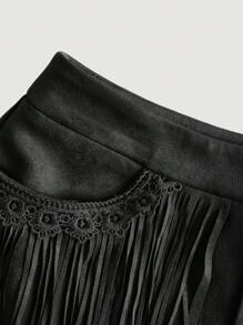 SHEIN MOD 复古黑色流苏低腰短裤：西部波西米亚风情，适合海滩度假、约会、野餐和派对 - 黑色 - 查看 4