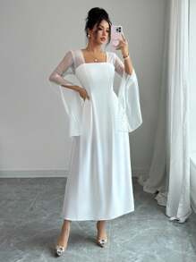 Rafferiza Elegant Summer Mesh & Sequin Splice White Dress White Dress With Sheer Sleeves - White - View 4