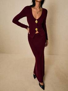 Poéselle 2 件套女士金属花朵 V 领长袖上衣和紧身迷你裙，时尚 - 酒紅色 - 查看 7