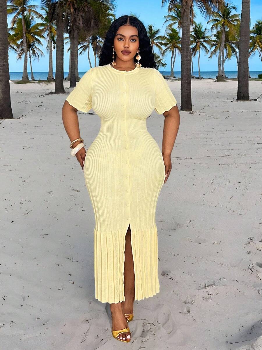 Slaydiva 春夏新品百搭优雅针织 A 字裙，休闲日常穿着，生日，派对，通勤，大码，短袖圆领 - 黃色 - 查看 1