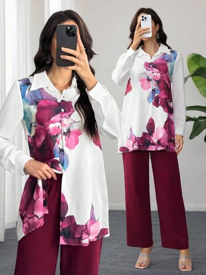 SHEIN Lacomfia 2 件套女士花卉印花翻领长袖宽松衬衫，春夏