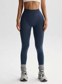 Easithlete 1 件女式海军蓝人字纹印花无缝针织紧身裤，弹力瑜伽健身紧身裤 - 藏蓝色 - 查看 6