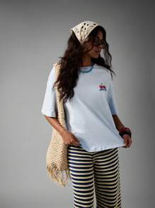 AiiRZ 甜樱桃超大 T 恤节日夏季上衣清新开始水果图案印花海滩假日街头服饰棉质 T 恤 - 藍色 - 查看 3