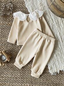 SHEIN 女婴0-3岁春夏休闲日常蝴蝶结条纹针织吊带背心+短裤两件套 - 卡其色 - 查看 2