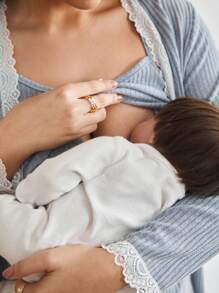 BloomMama 3件套孕妇睡衣套装：蕾丝边长袖睡袍+哺乳吊带背心+长裤，秋冬服装 - 藍色 - 查看 2