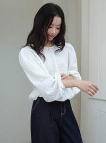 K-Vae 女士白色秋季圆领优雅通勤长袖套头衫，韩版秋季，返校季，教师，老钱风 - 白色 - 查看 1