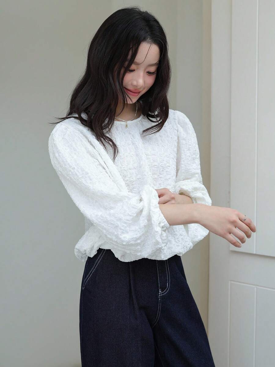 K-Vae 女士白色秋季圆领优雅通勤长袖套头衫，韩版秋季，返校季，教师，老钱风 - 白色 - 查看 1